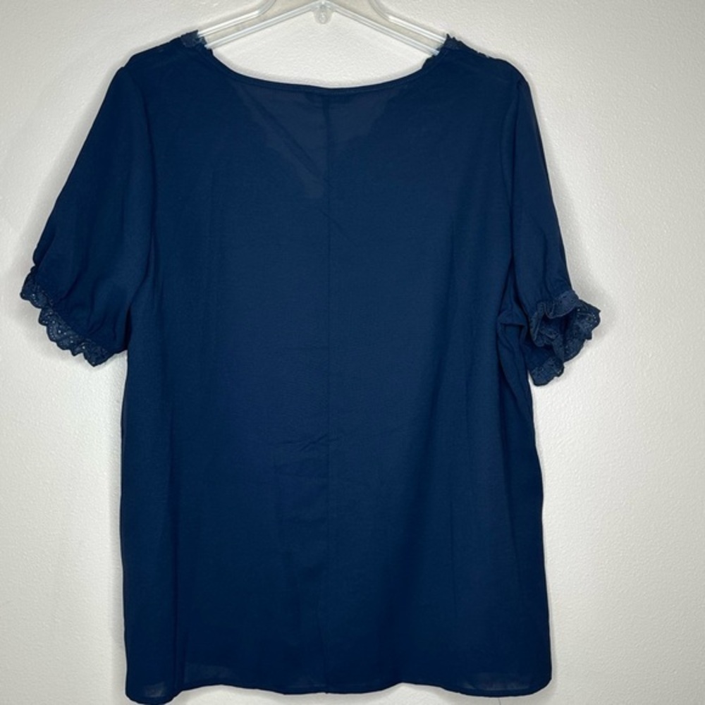 Bloomchic Navy Blue Solid Lace Trim Button Up Las… - image 3
